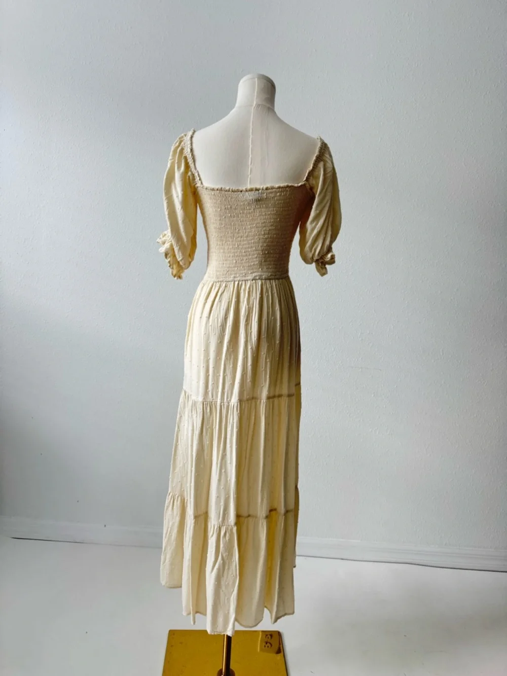 Cream Smocked Midi Dress Cottagecore Puff Sleeve Boho Swiss Dot Tiered Romantic - Picture 8 of 8